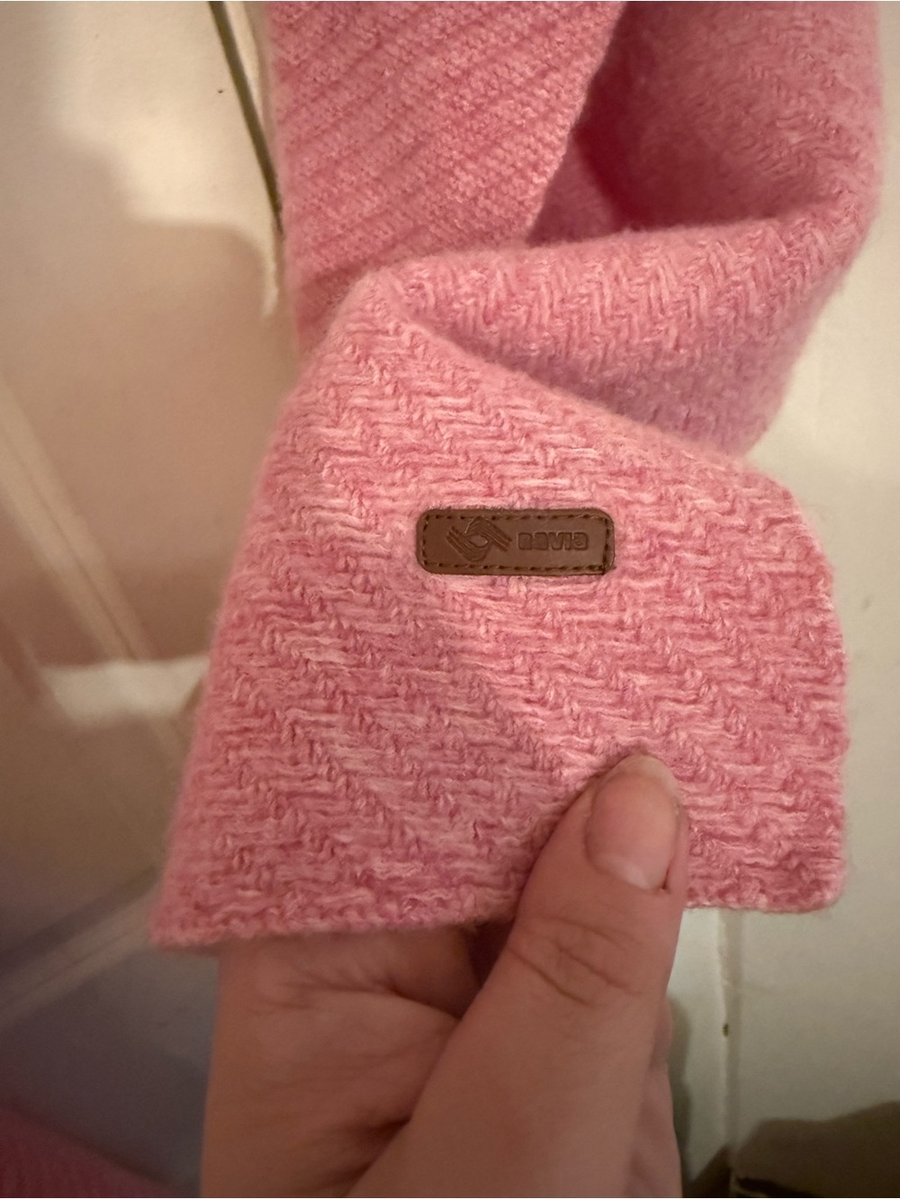 Navia Long Pink Wool Knit Scarf with Leather Logo Patch